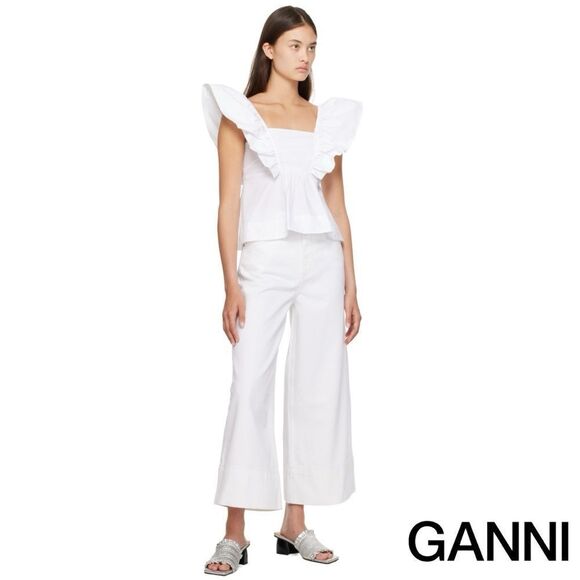 GANNI **NWT** Sleeveless Ruffle Cotton Poplin Blouse / Tank in Bright White - Picture 6 of 16